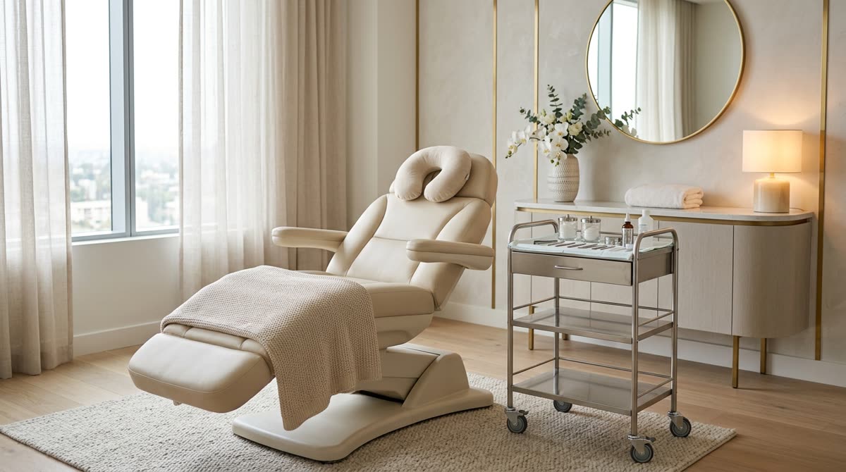 A quiet treatment room with a reclining chair and a stainless instrument tray.