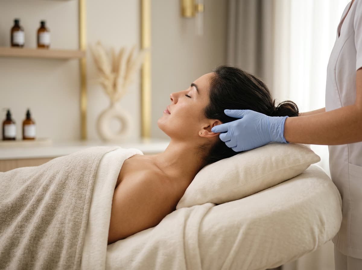 A reclining client with face turned away during a treatment consultation.
